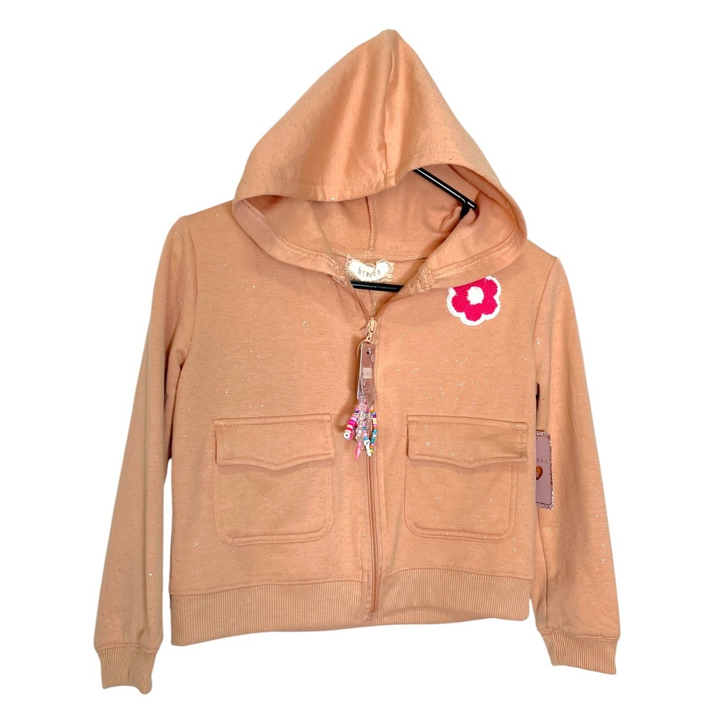 btween 10 Peach Zip Hoodie Glitter Flower Patch Bracelet Set Sparkly Coquette